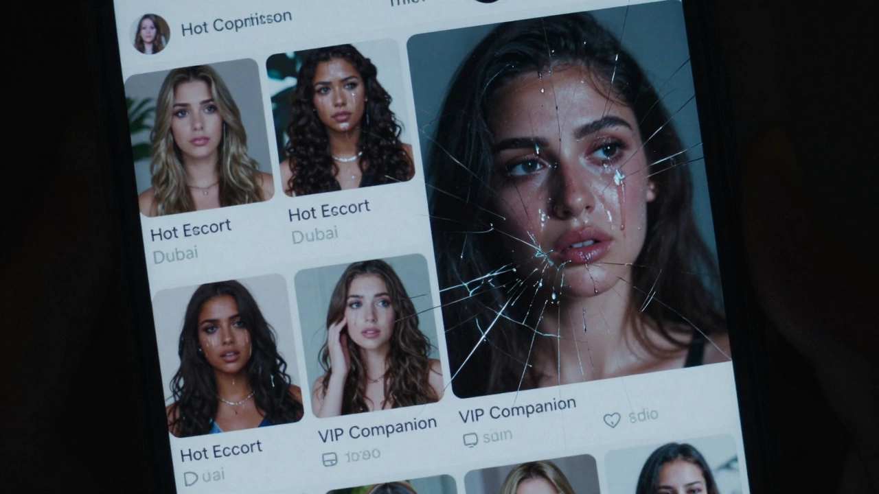 A cracked smartphone shows fake escort profiles, reflected in a tearful face.