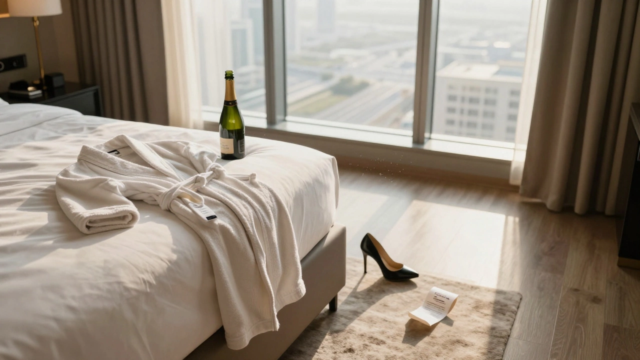 An empty luxury hotel room at dawn, with a single shoe and crumpled payment receipt.