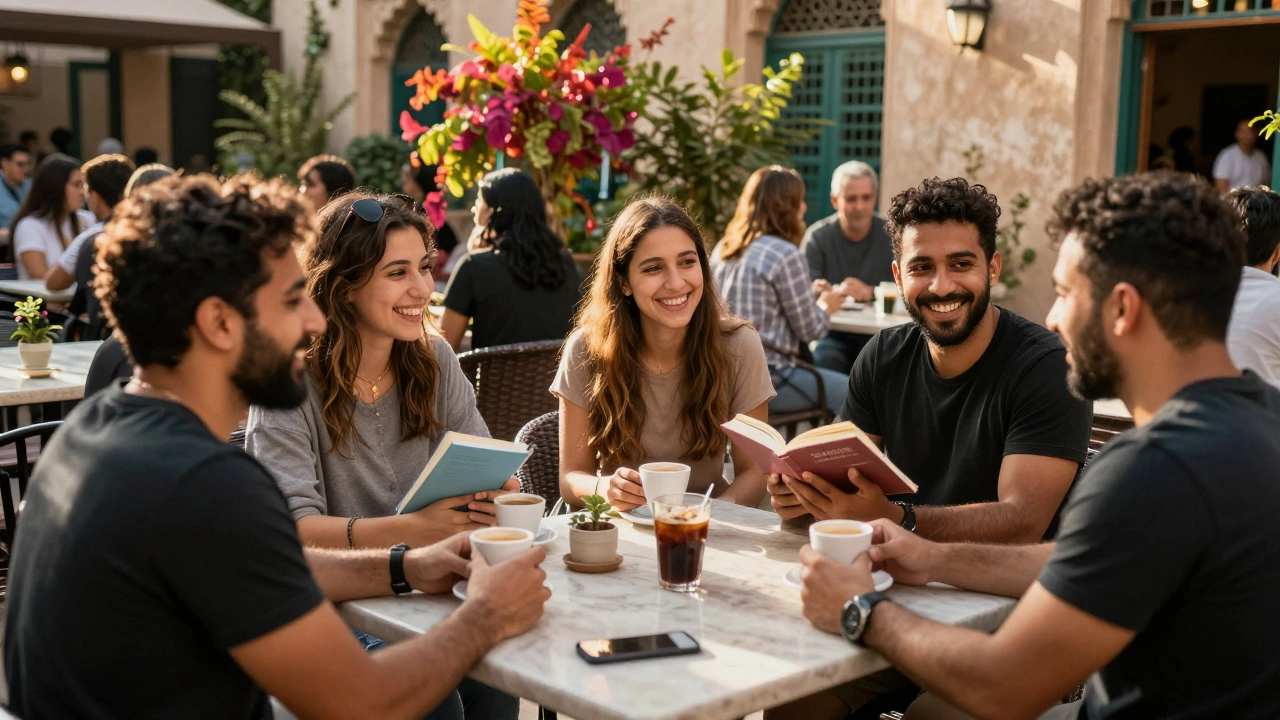 Expat social club in daylight with people chatting over coffee in a sunlit courtyard.