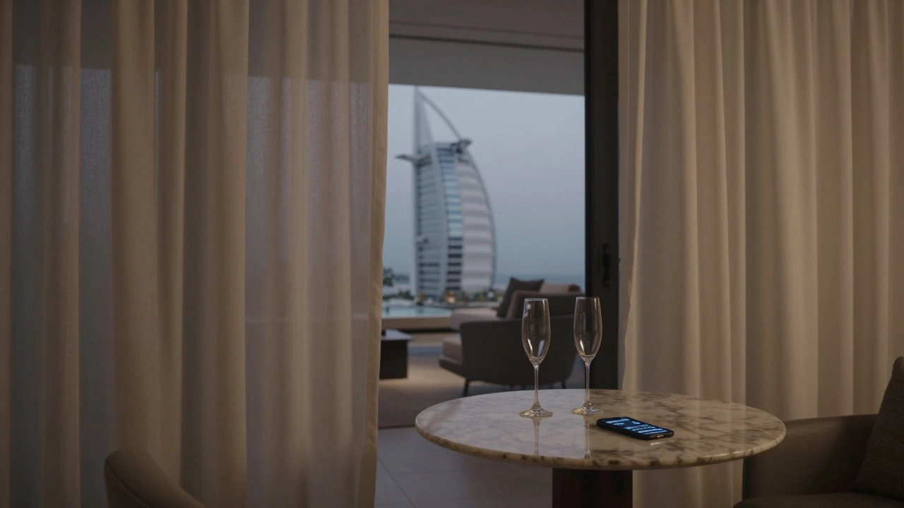 Private villa interior at dawn with empty glasses and a glowing smartphone on a table.